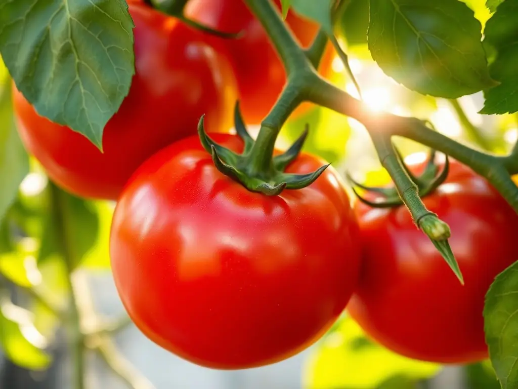 A close-up shot of freshly harvested vibrant red tomatoes still on the vine in Habitat's greenhouse, showcasing their ripeness and quality.