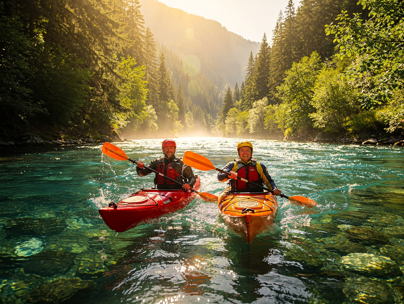 Kayakers paddling through pristine mountain river waters bordering farm acreage