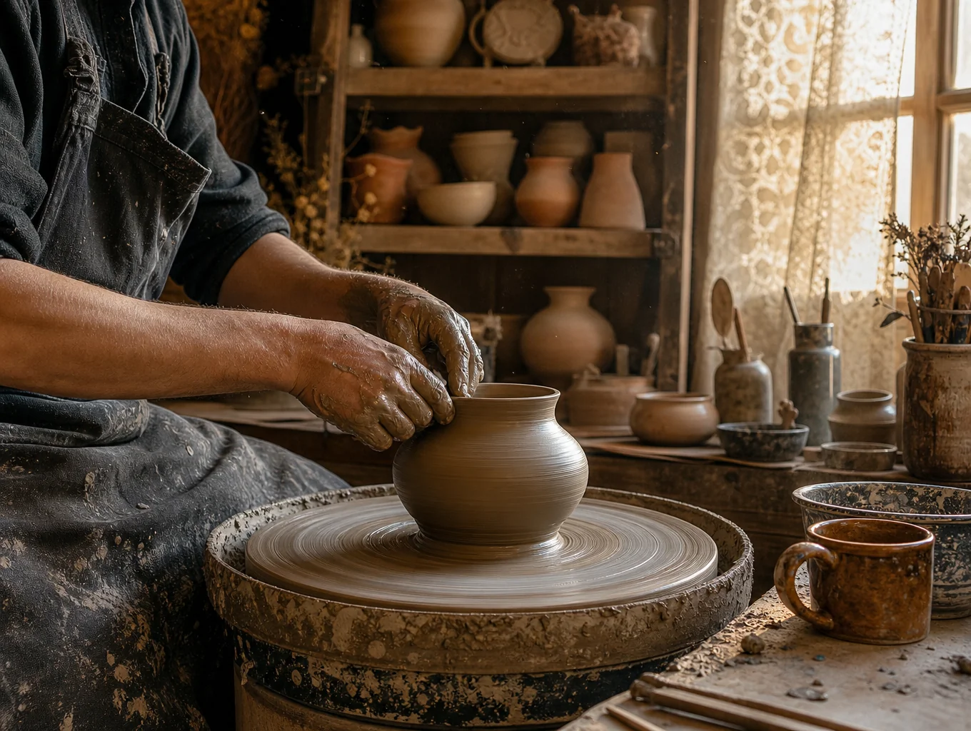 Artisan hands shaping warm terracotta pottery on an open-air studio wheel