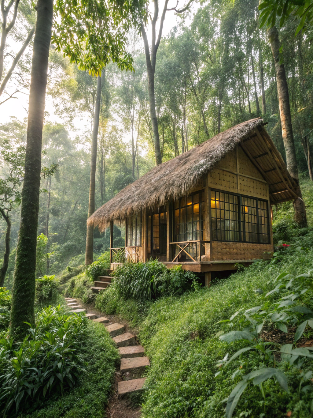 Handcrafted bamboo cabin nestled in greenery