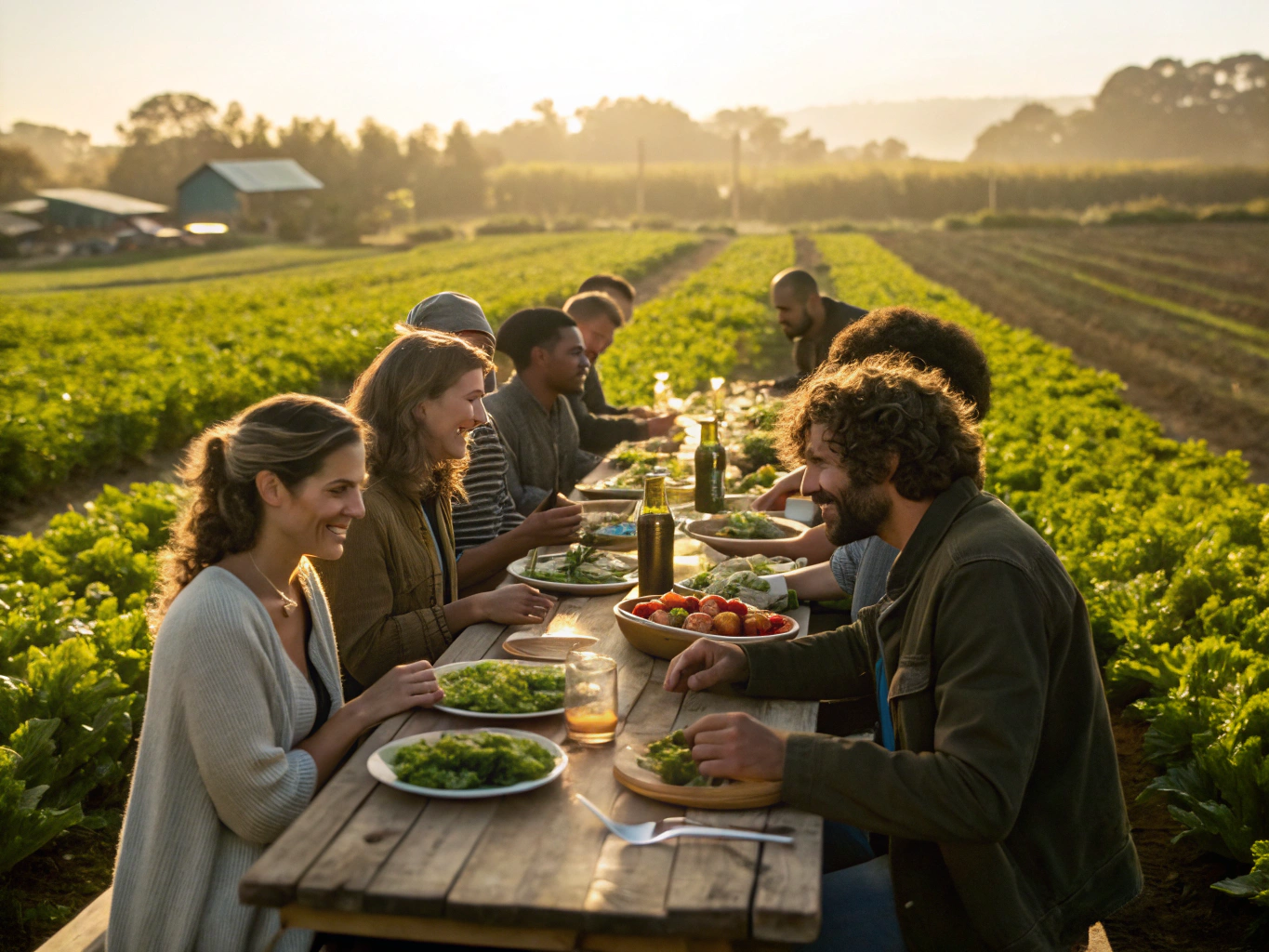 Communal farm dinner at an outdoor wooden table lit with warm lanterns and firelight