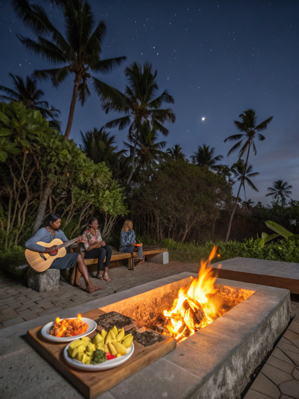 Evening fire hearth gathering under unpolluted starry night skies
