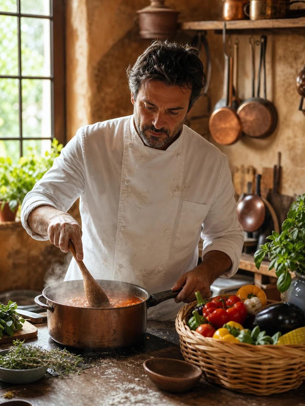 Farm chef preparing wood-fired seasonal recipes with freshly harvested ingredients
