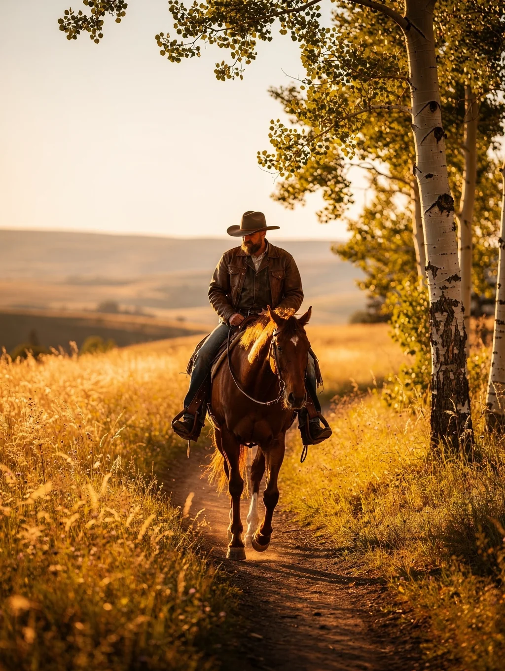 Guest riding a horse along misty sanctuary grassland at sunrise