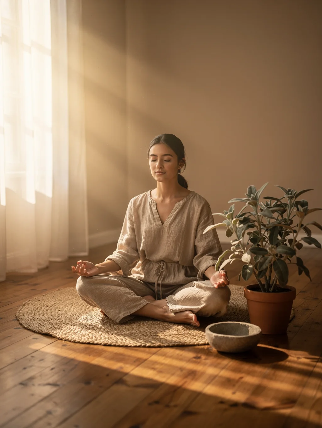 Morning meditation practice on a quiet timber platform facing the forest