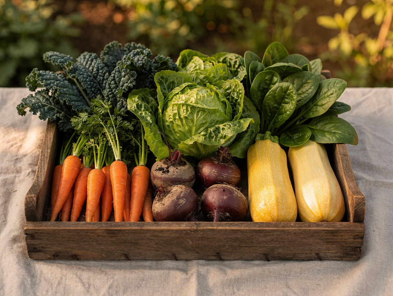 Freshly harvested heirloom vegetables in a rustic wooden crate at sunrise