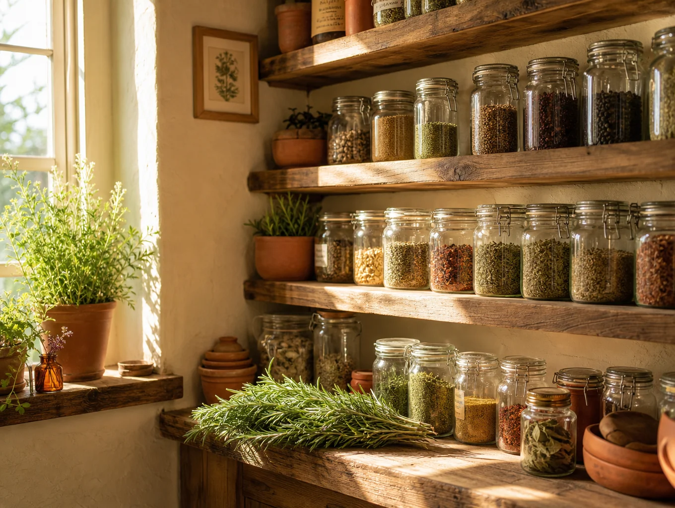 Wooden shelves with artisan farm pantry items and honey jars