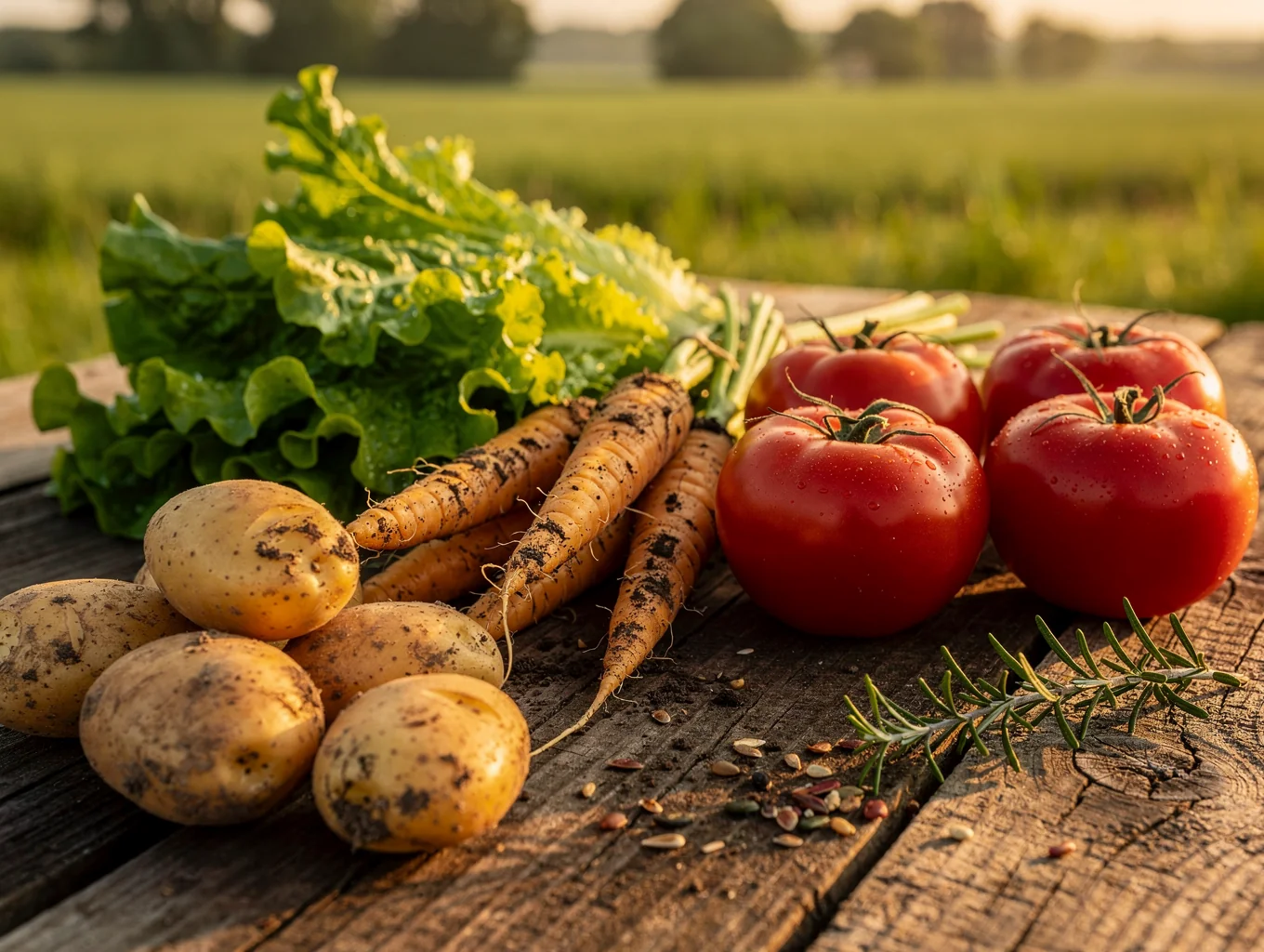 Raw organic farm produce and pantry items on rustic wooden table