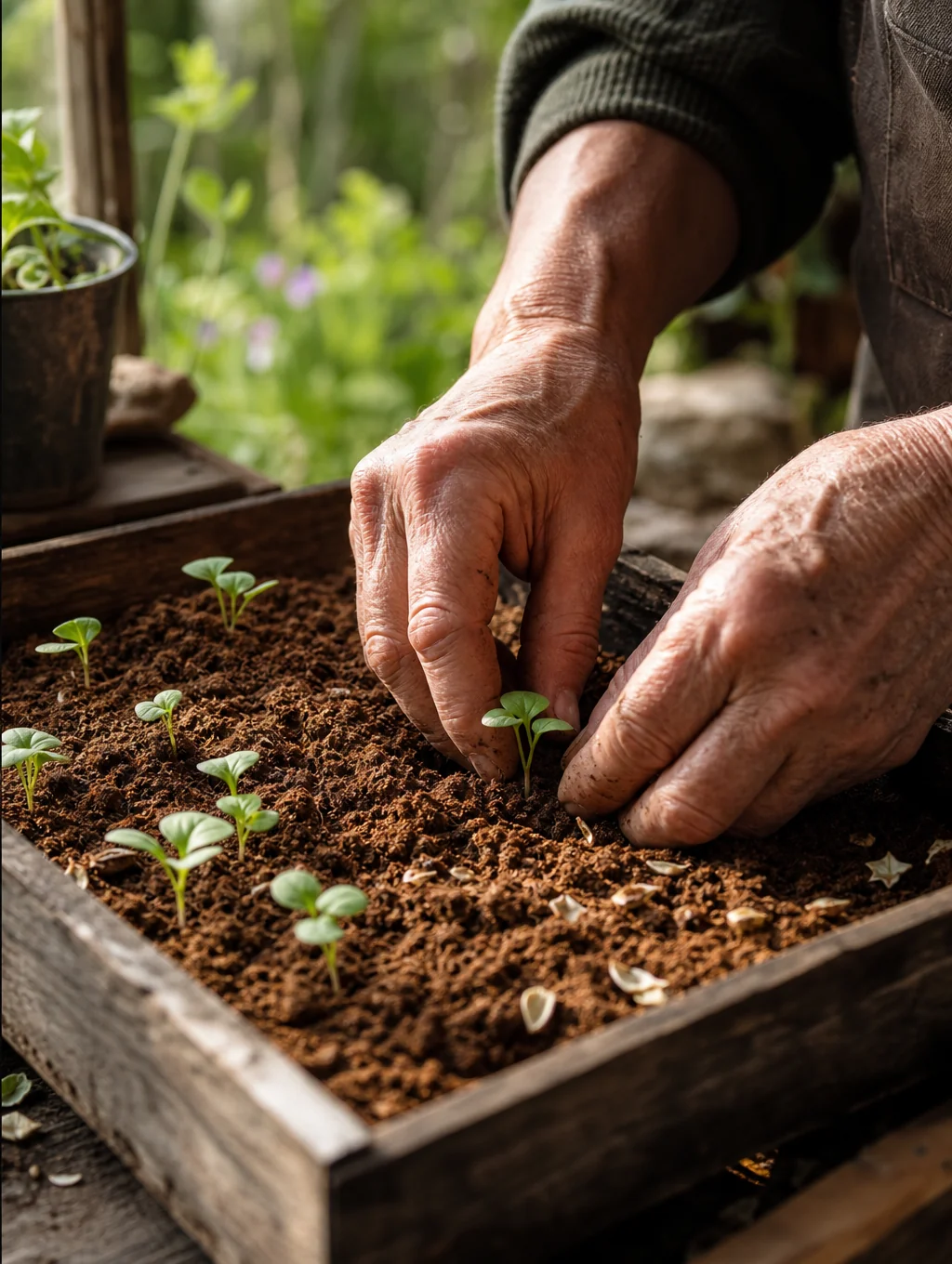 Farmer hands planting seedlings in rich dark compost
