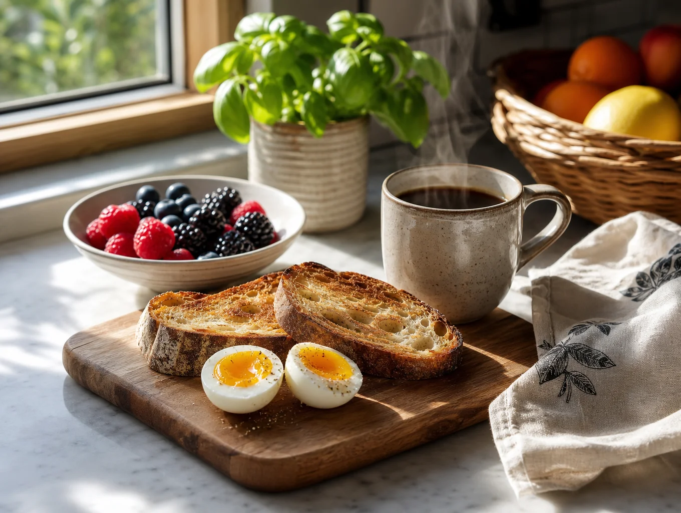 Sunlit outdoor table with fresh farm eggs and garden herbs