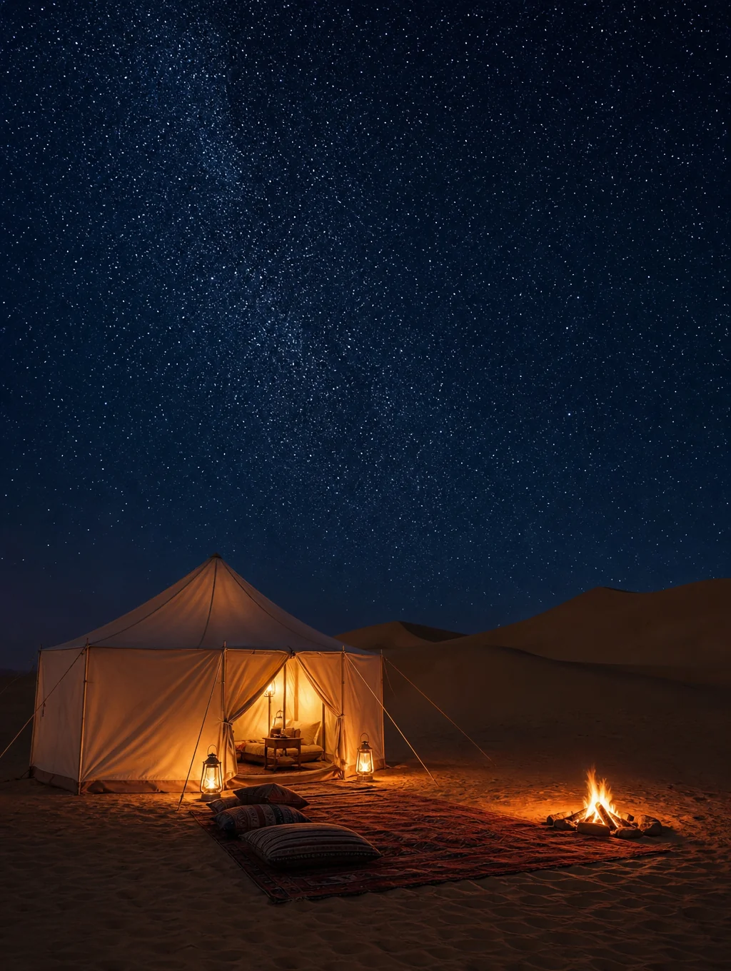 Luxury canvas tent pitched under an open forest sky