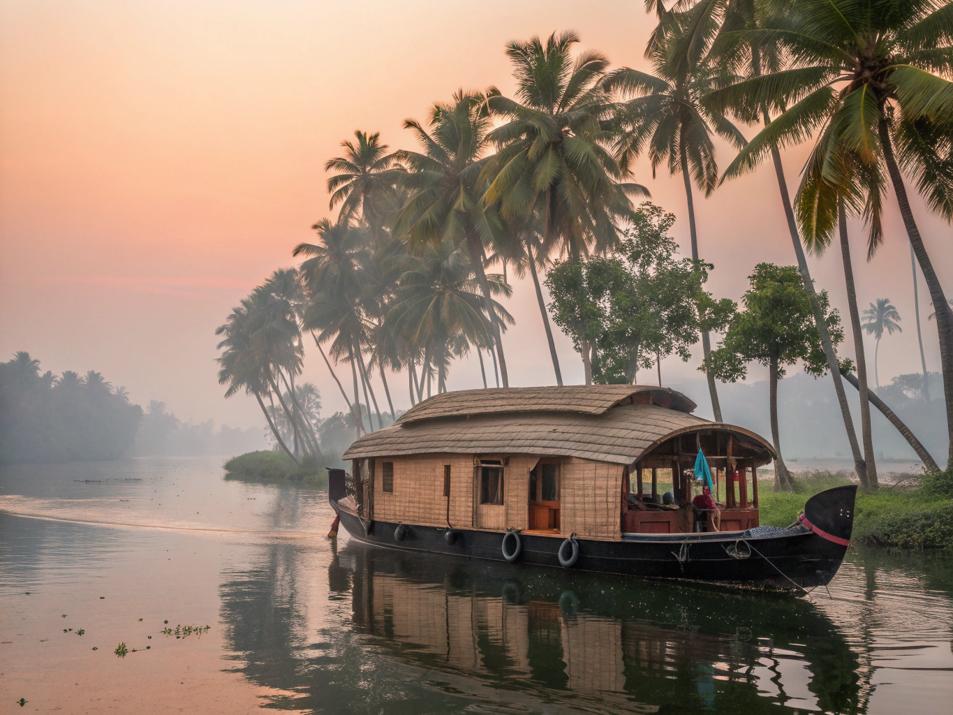 Wooden huts and calm backwaters bordered by palm groves in Goa