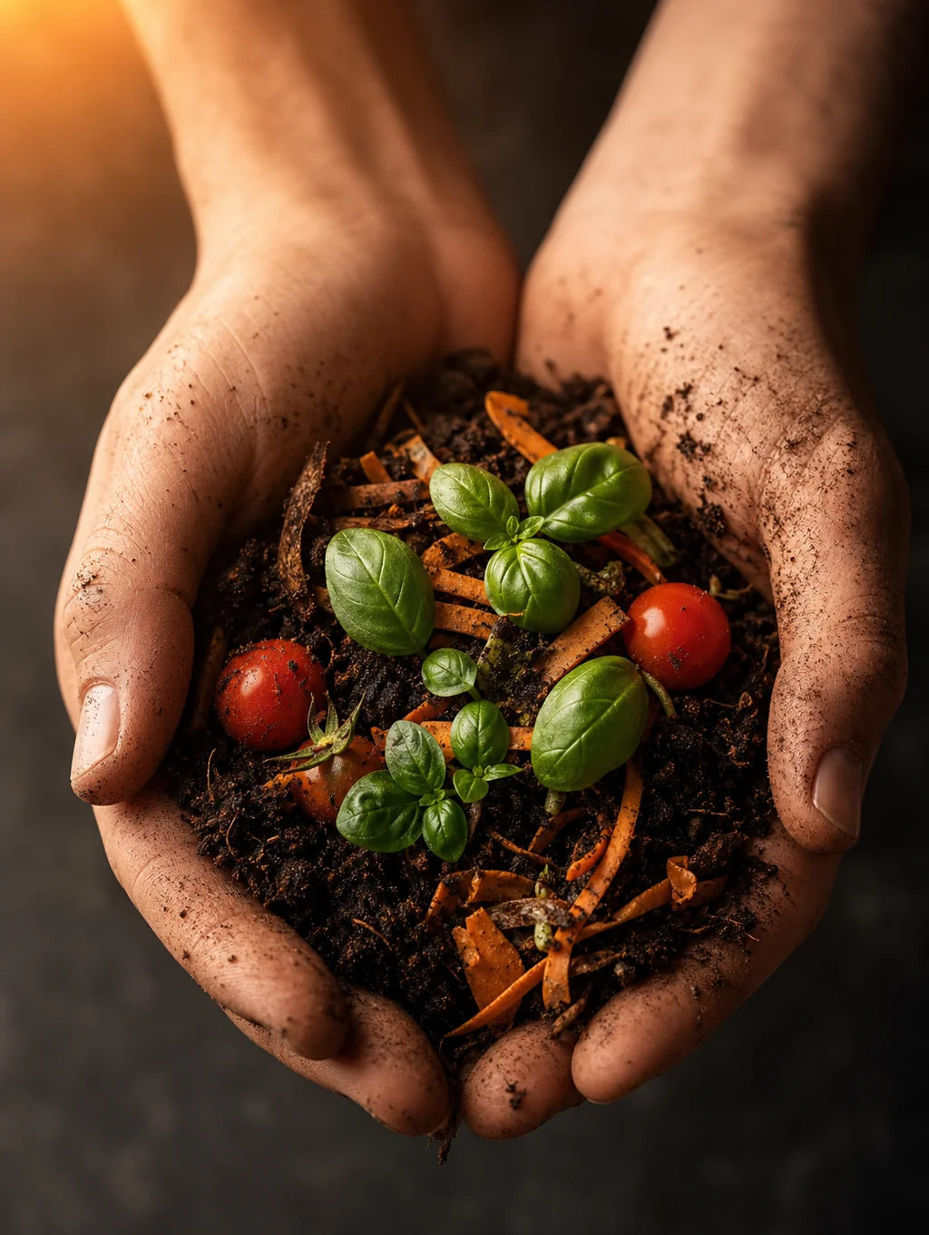 Hands gently picking heirloom vegetables from rich farm soil