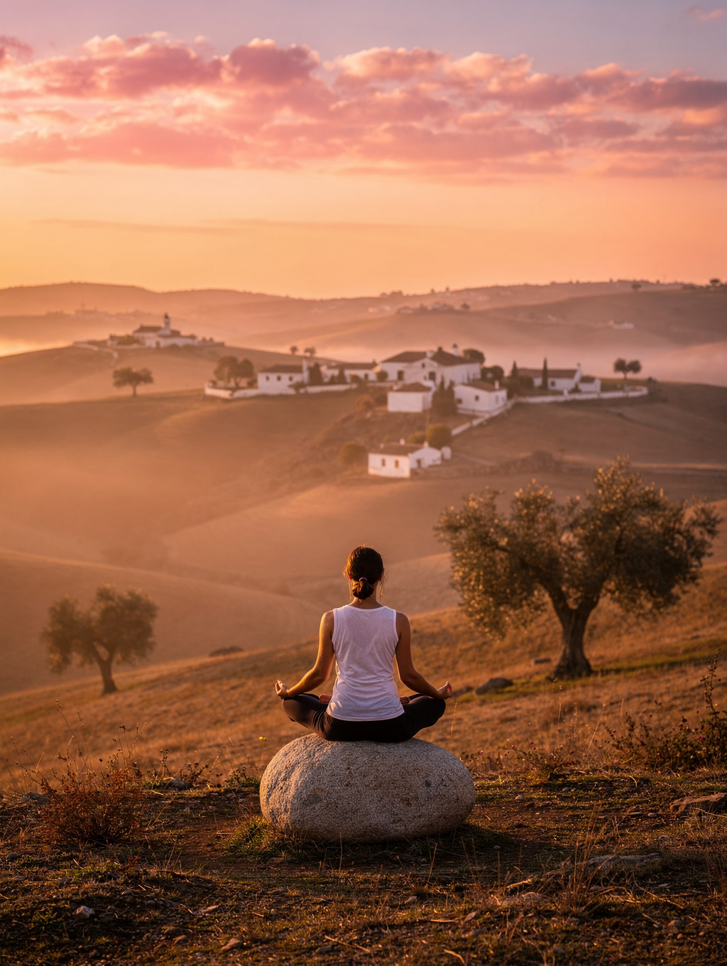 Morning yoga on the mist-covered grassy hilltop