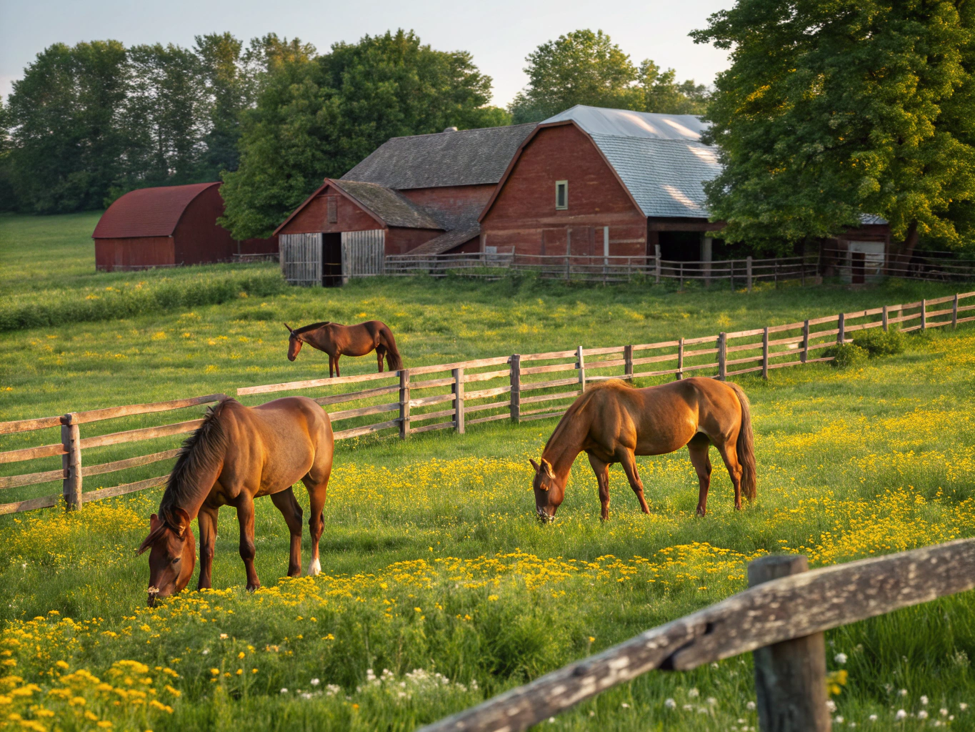 Horses grazing in misty morning paddock with rustic timber fence