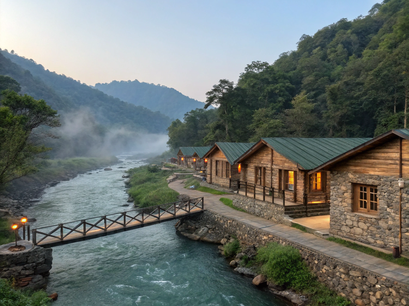 Riverside canvas tents and cascading waterfalls in the Sahyadri river valley at Karjat sanctuary