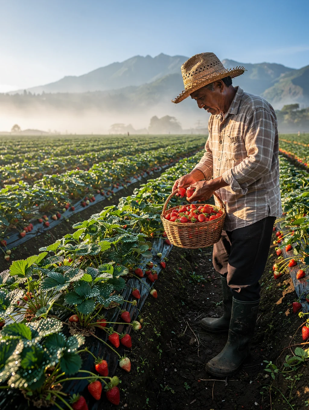 Mist rising over terraced strawberry cultivation in Mahabaleshwar