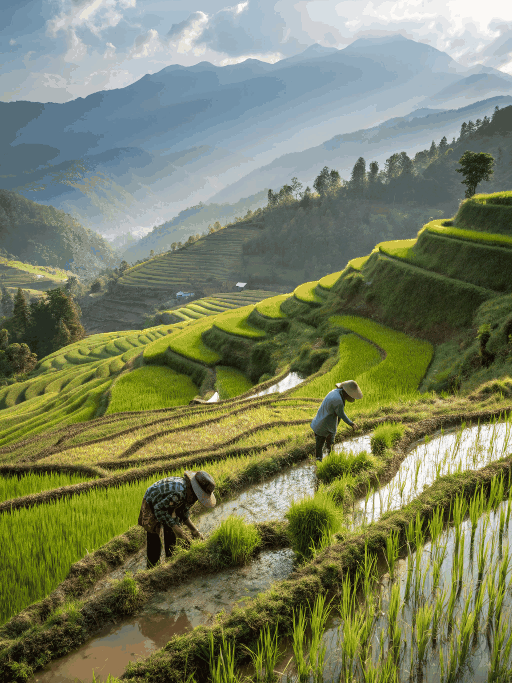 Terraced mountain fields under morning Himalayan light in Nepal