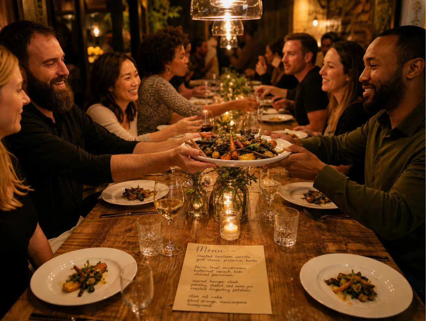 Long wooden table dressed for dinner under festoon lights