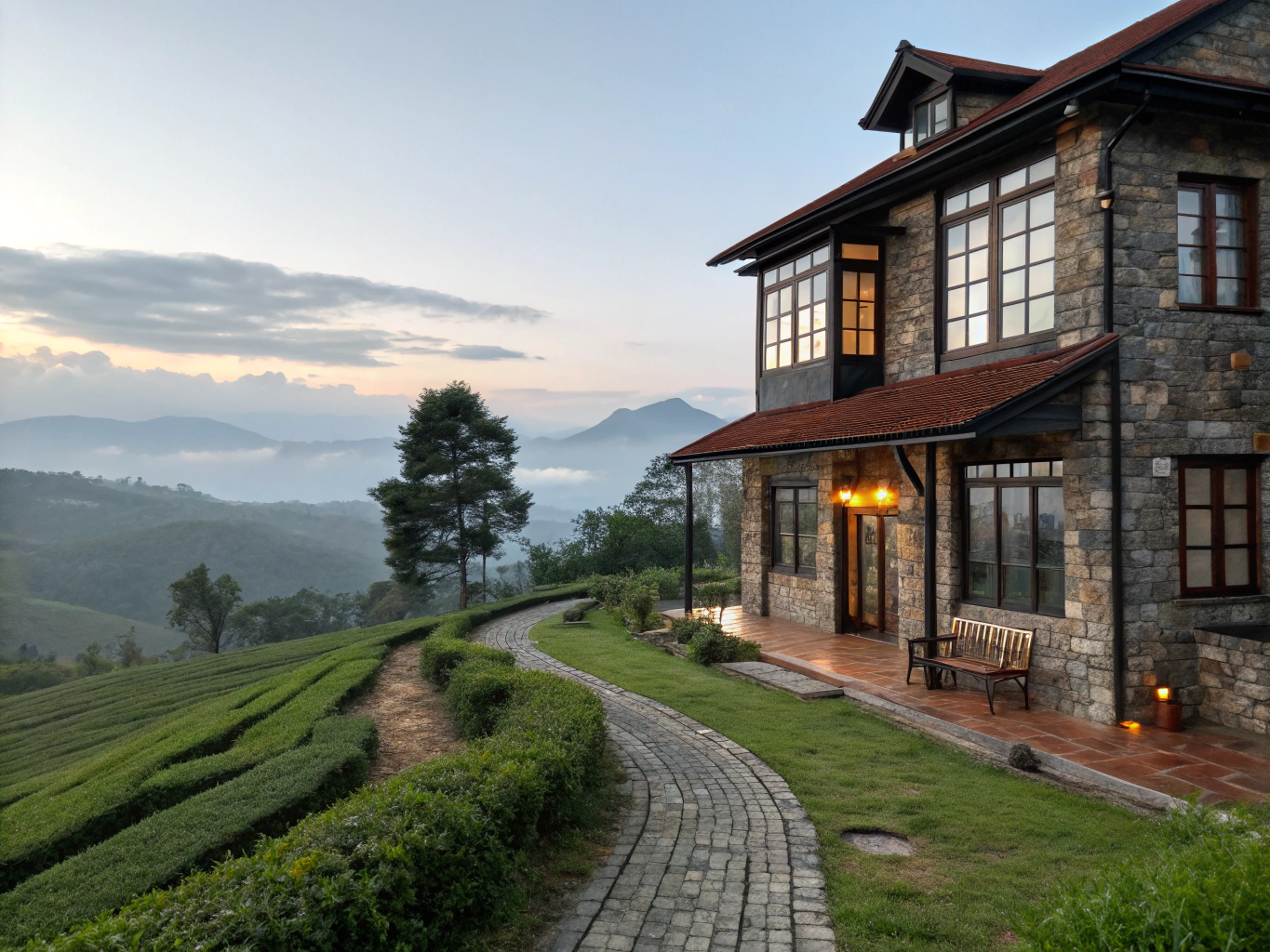 Stone villa overlooking organic strawberry orchards in Mahabaleshwar