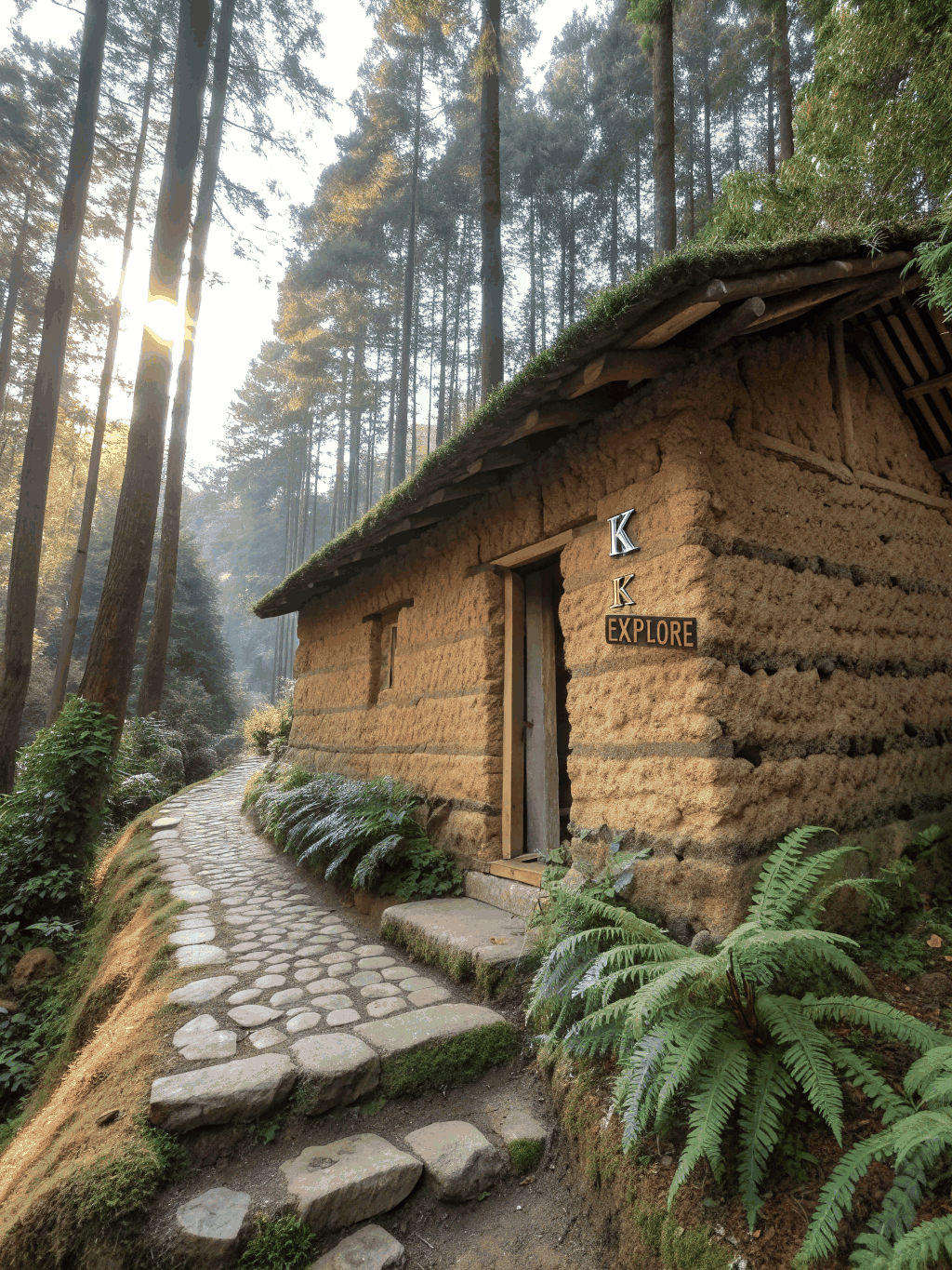 Earth-cooled mud architecture blending into forest loam