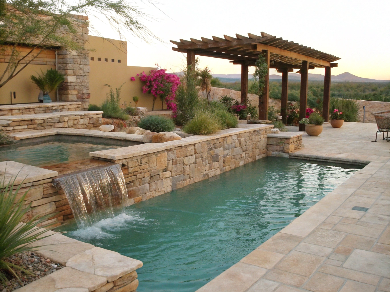 Natural plunge pool beside peaceful lily pond and pottery studio