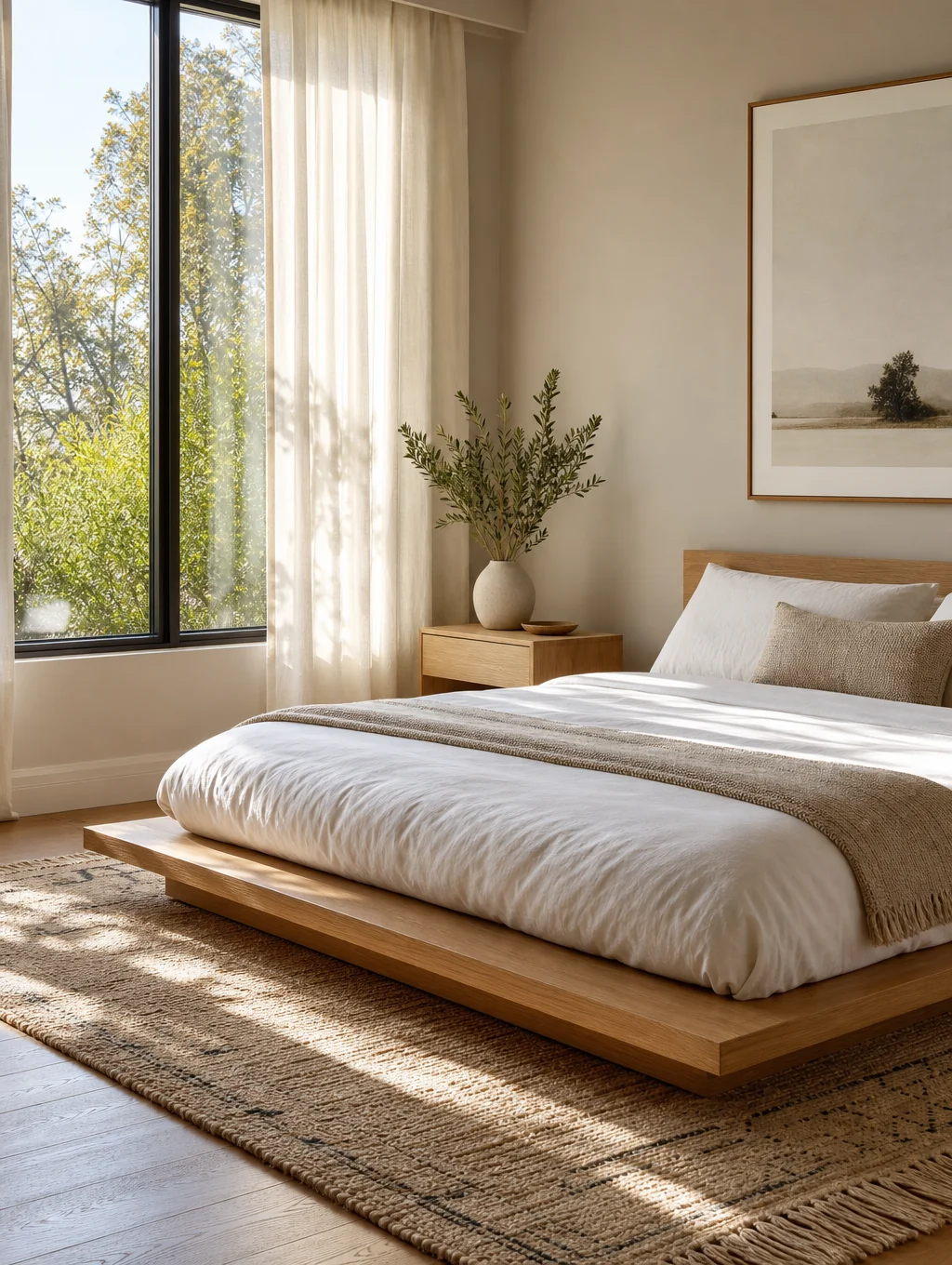 Quiet wooden bedroom with natural linen bedsheets and moonlight