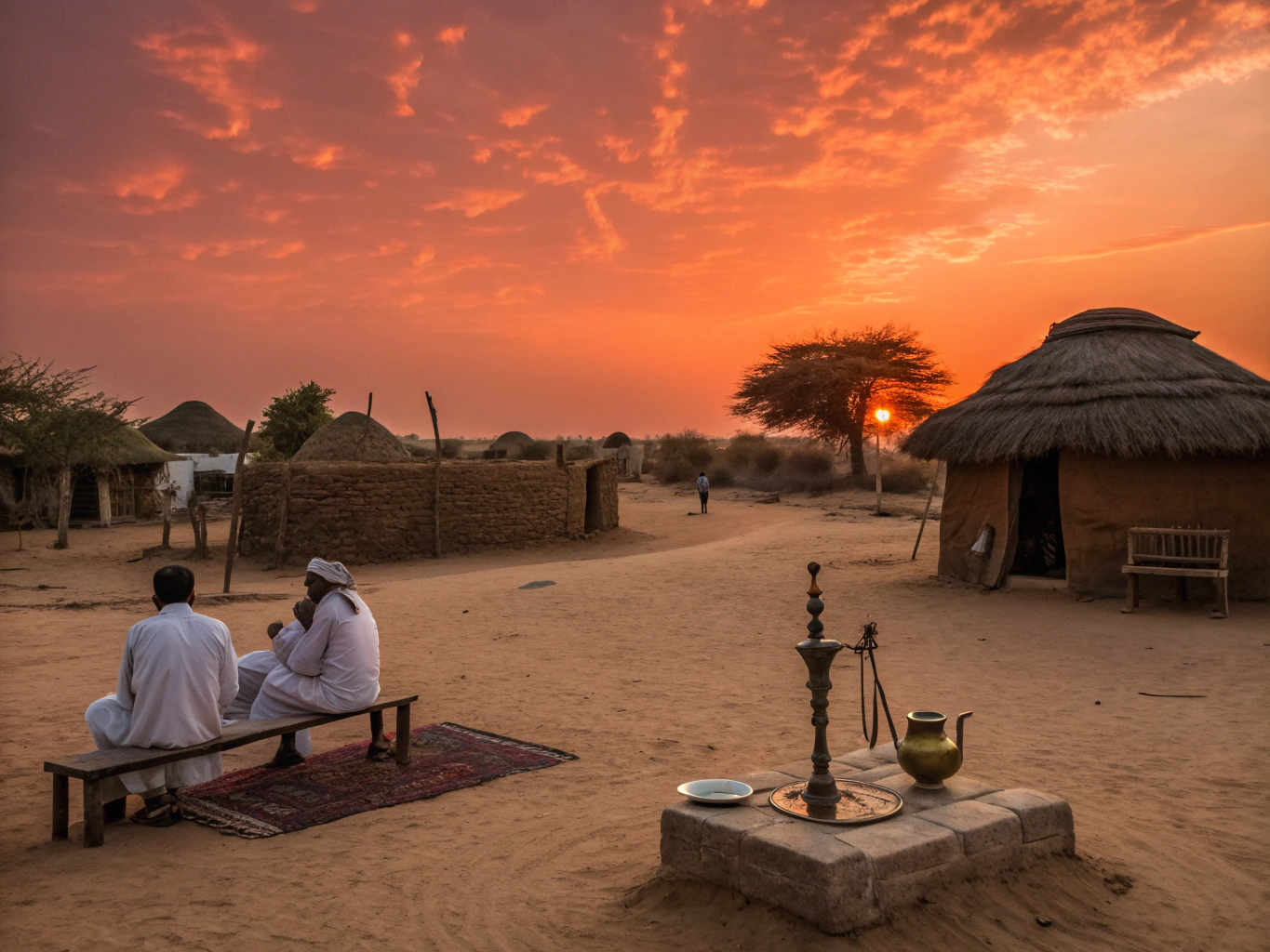 Warm mud architectural farmstead under twilight sky in Rajasthan
