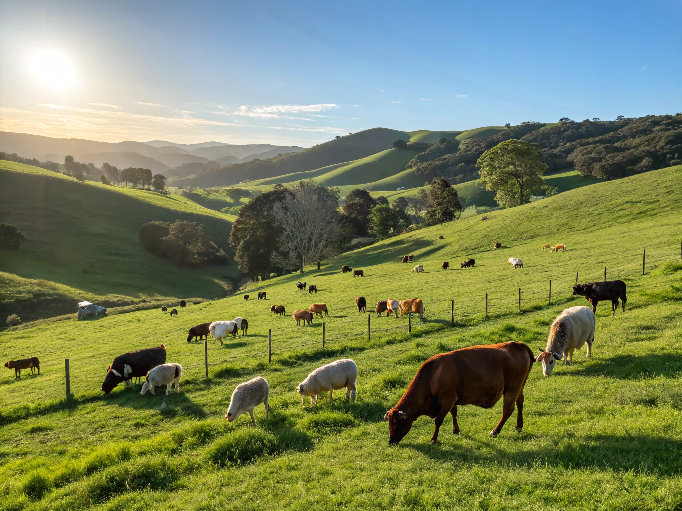 Rescued livestock grazing in morning pasture at Habitat Farmstay sanctuary