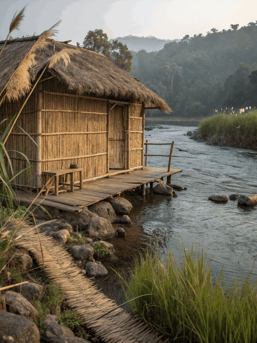 Bamboo cabin structure set amid lush bamboo groves with natural woven interiors