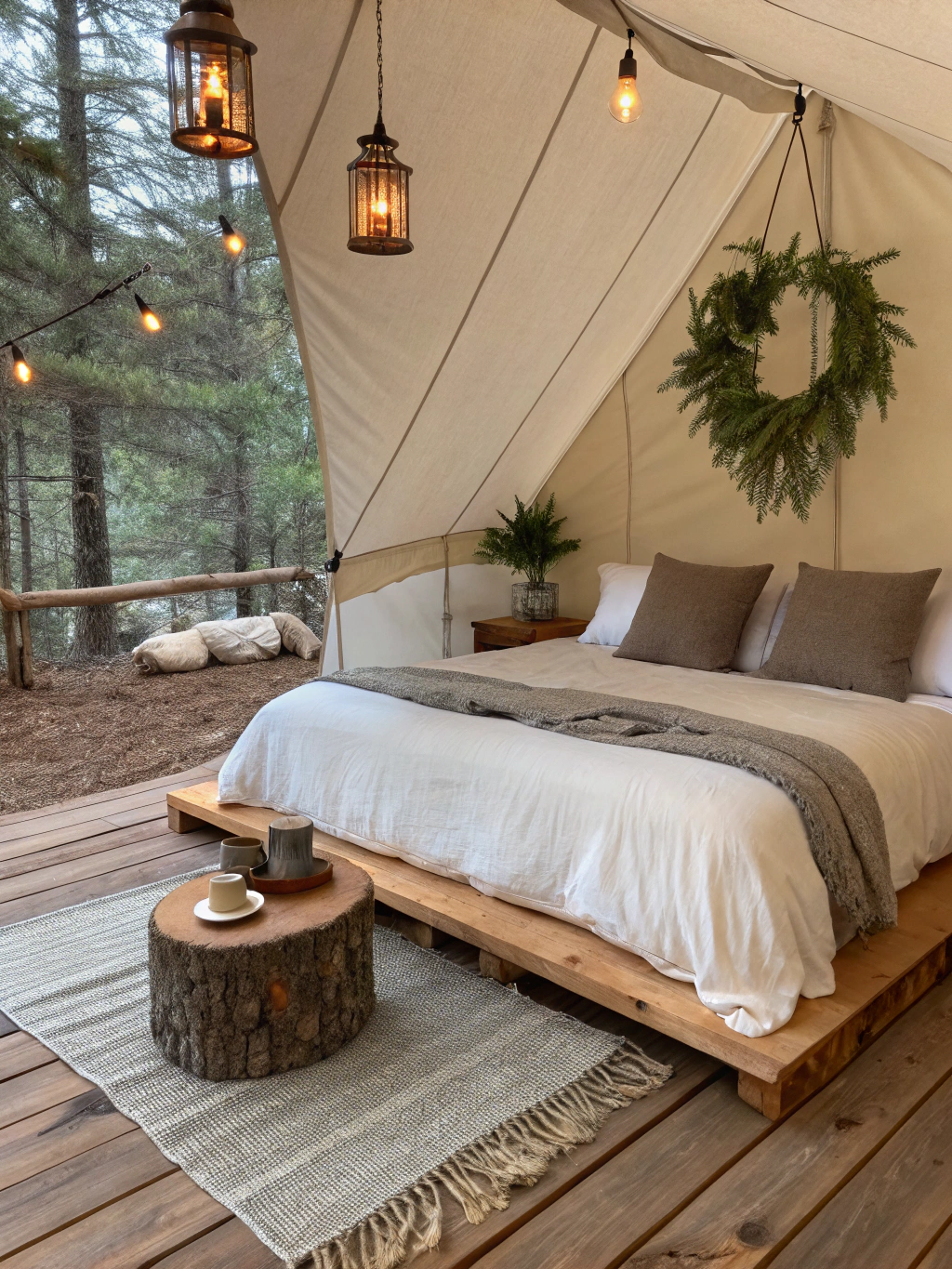 Spacious canvas safari tent pitched under starlit canopy on timber decking