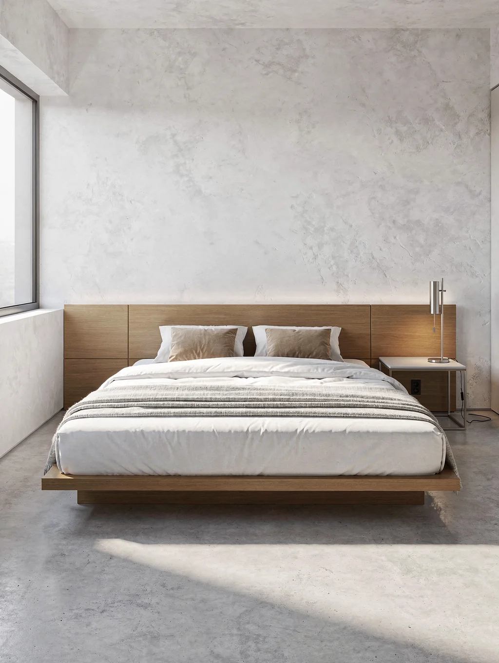 Minimalist farm suite with polished concrete and floor-to-ceiling glass looking onto meadows