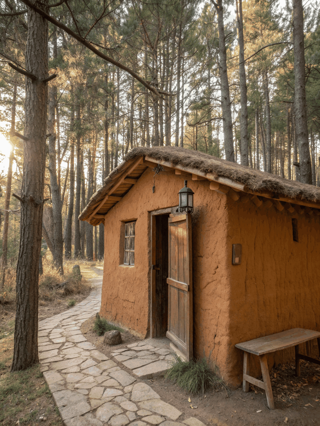 Handcrafted earthen mud sanctuary with curved walls and warm morning light