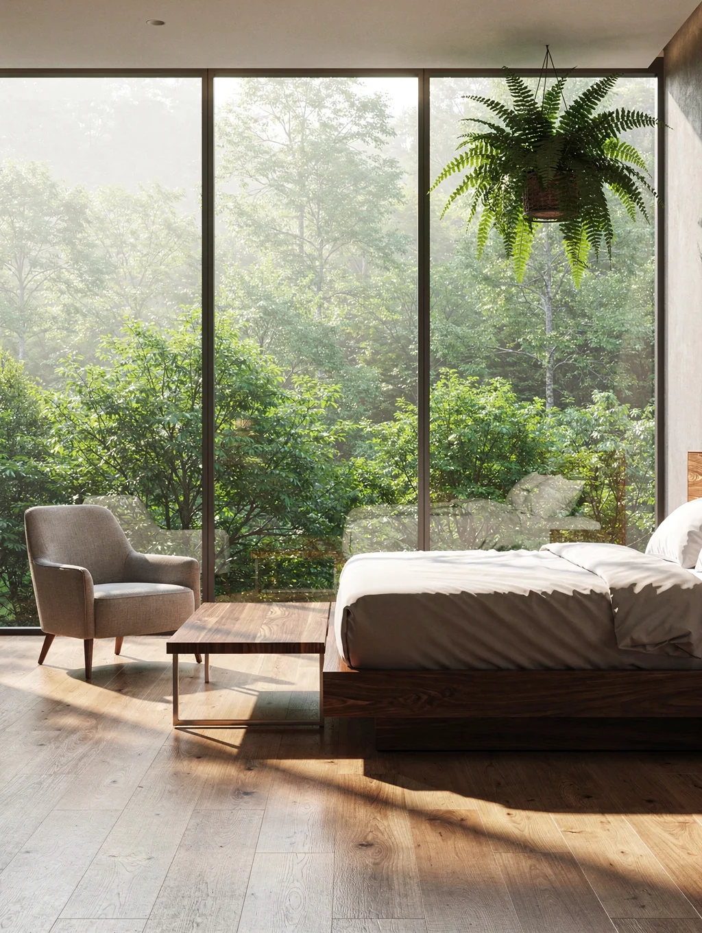 Wooden villa bedroom with panoramic forest views and organic linen bed