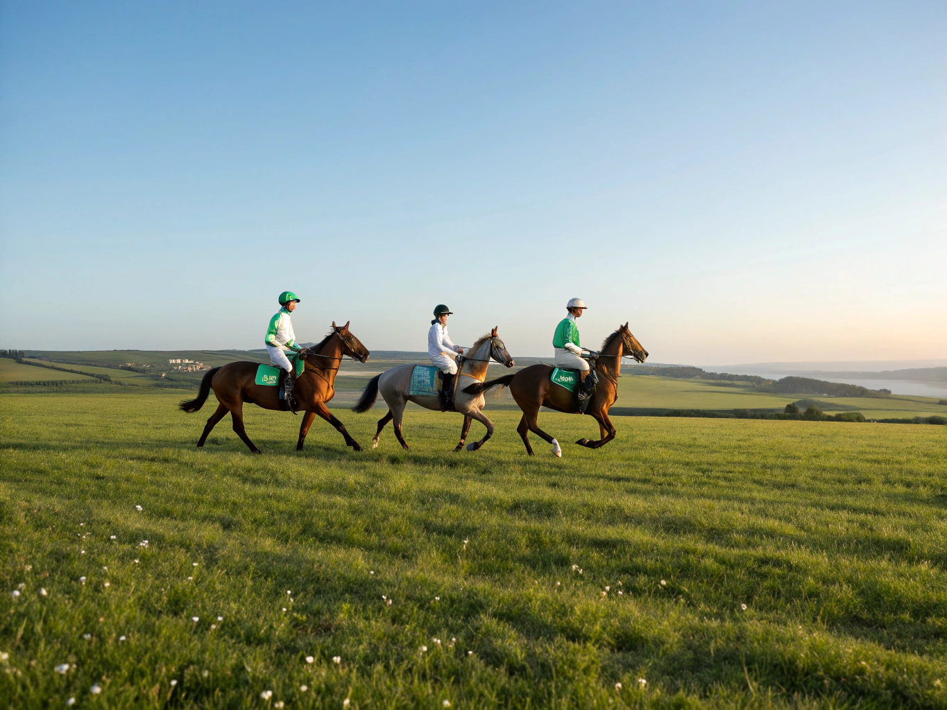 Horses grazing and riding along pastoral open farm trails