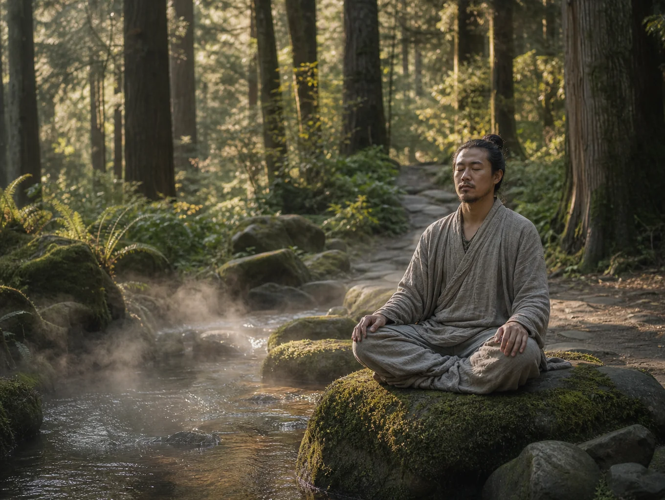 Guest meditating surrounded by lush forest canopy and soft sunlight
