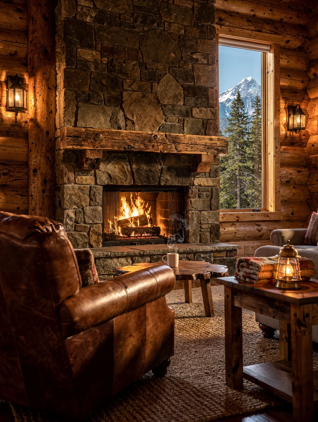 Hand-hewn timber villa with warm woodstove interior